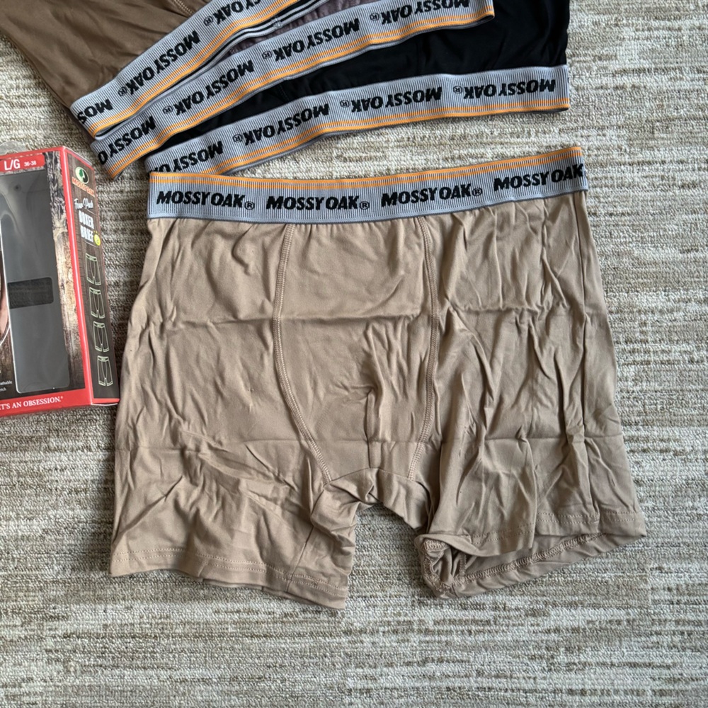 MOSSY OAK MENS NEW KHAKI POLYESTER SPANDEX 6" INSEAM BOXER BRIEF LARGE (36-38)